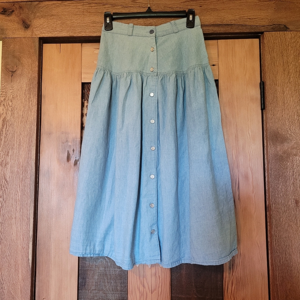 Vintage 80s Fritzi California Light Chambray Cotton Yoked Button Denim Skirt 8sm